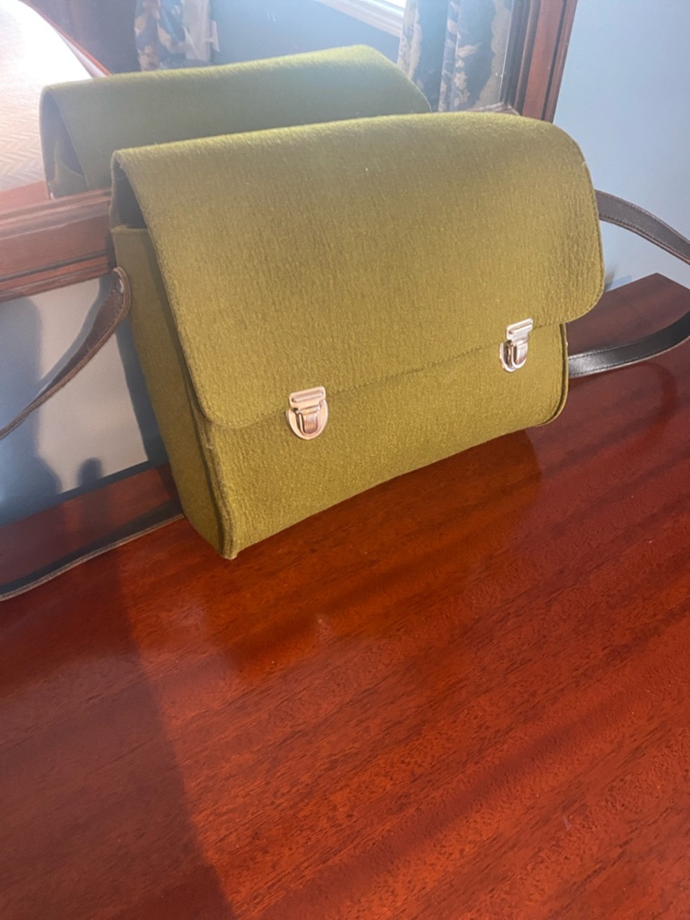 Unisex Olive Green Felt  Messenger Bag with long brown leather Strap